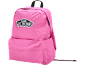 Mochila rosa com um emblema de logótipo branco e preto na frente, alça preta e fecho éclair.