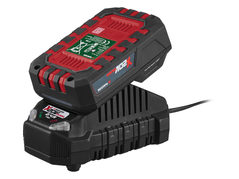Bateria e carregador com bateria de 20V 2.0Ah e corrente de carga máxima de 2.4A.