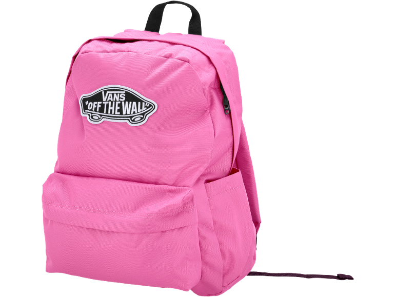 Mochila rosa com um emblema de logótipo branco e preto na frente, alça preta e fecho éclair.