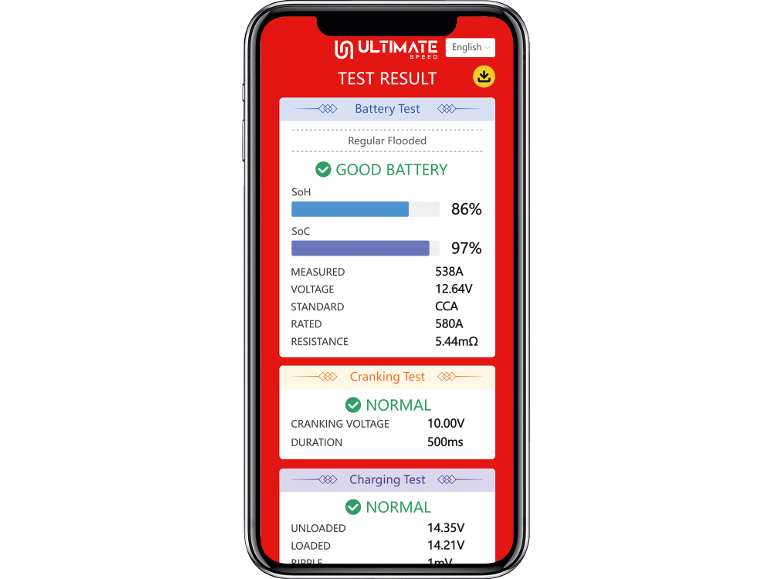 Aplicação de teste de bateria exibindo resultados para bateria, arranque e carregamento.