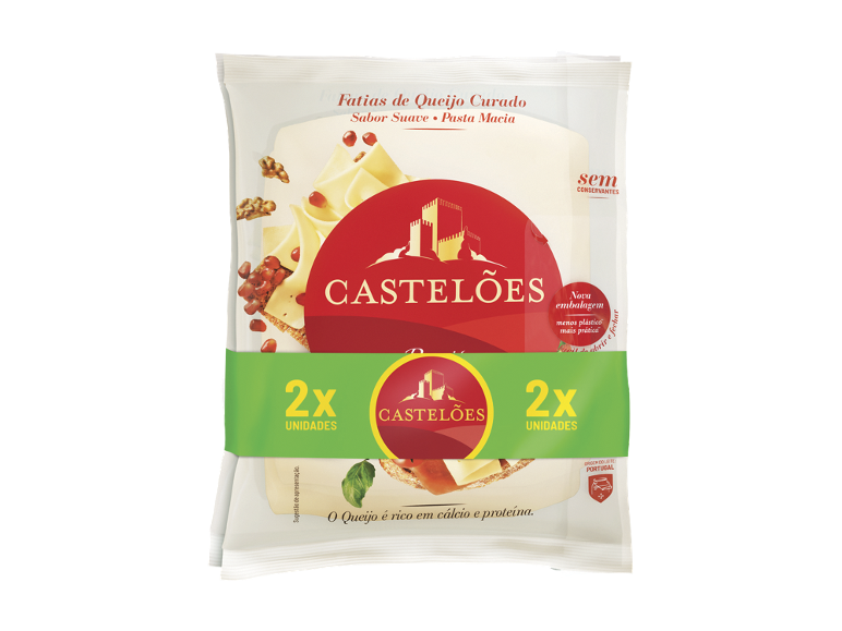 Embalagem de queijo curado fatiado, sabor suave, pasta macia, sem conservantes.