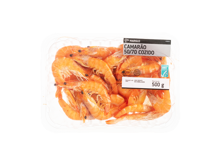Embalagem de camarão Marisco 50/70 Cozido, 500g.