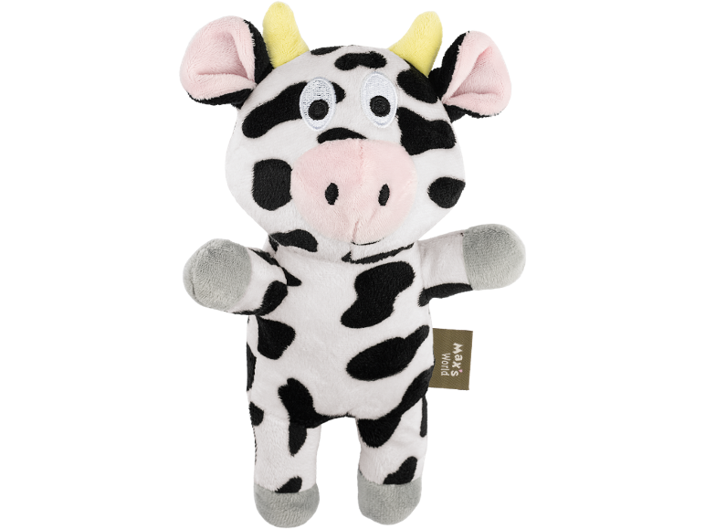 Vaca de pelúcia preta e branca com chifres amarelos e nariz rosa.