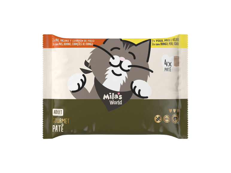Embalagem de patê para gatos adultos, 4x patê, 2x aves, bovino e corações de frango, 2x frango, peru e fígado.