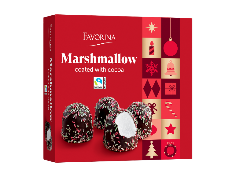 Caixa vermelha de marshmallows de chocolate com granulado e decorações de Natal.