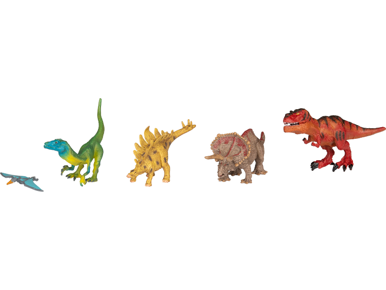 Uma variedade de brinquedos de dinossauros coloridos, incluindo um pterodáctilo, velociraptor, estegossauro, triceratops e tiranossauro.