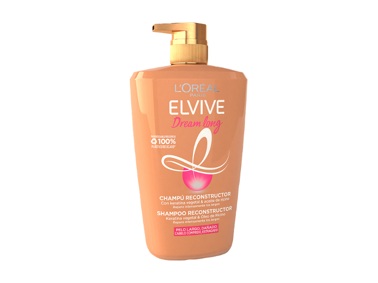 Champô reconstrutor laranja para cabelo comprido e danificado, de plástico reciclado.