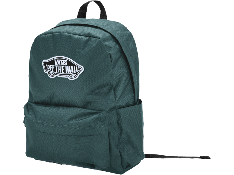 Mochila verde com um logótipo oval branco na frente