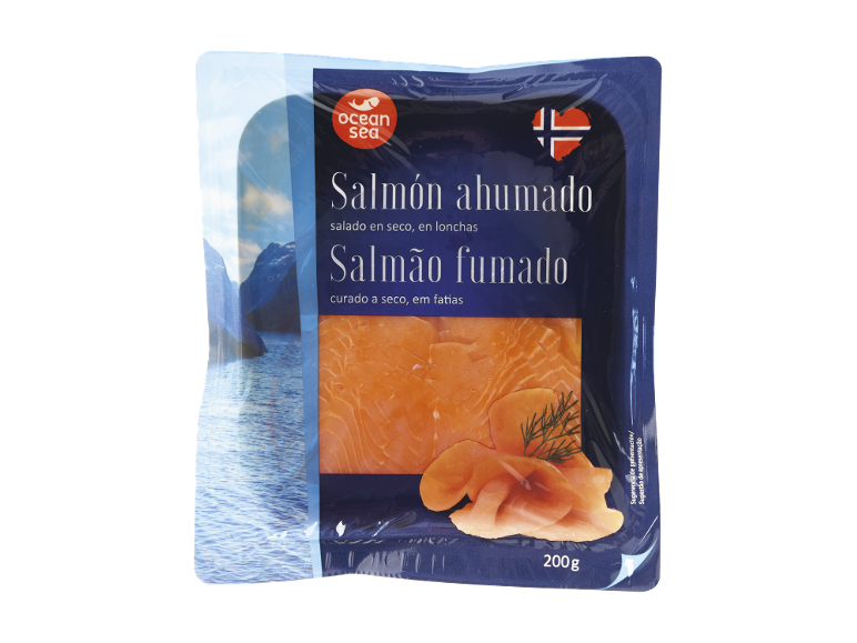 Embalagem de salmão fumado com fatias de salmão e endro, 200g.