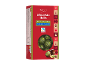 Caixa vermelha de bolas de chocolate com creme de pistácio e chocolate de leite, com motivos natalícios.