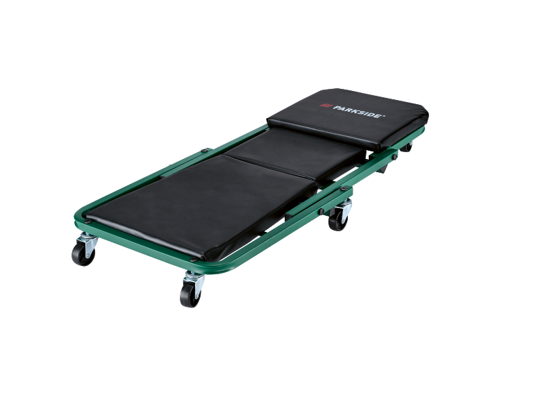 Carrinho de mecânico verde com rodas e estofamento preto.
