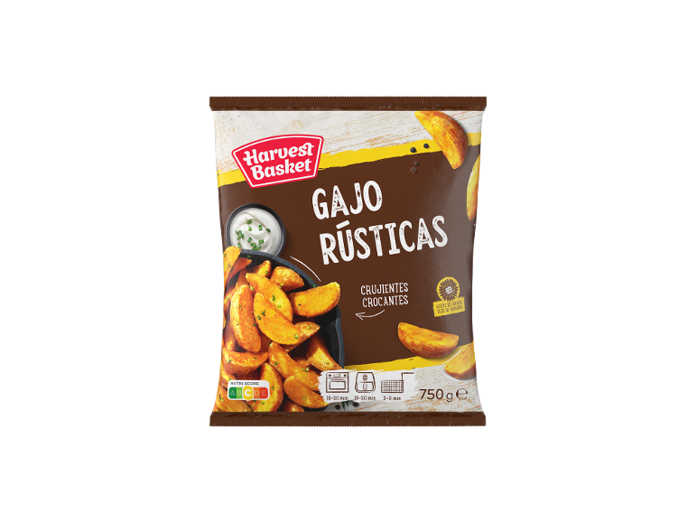 Embalagem de gajos rústicos de batata com molho, instruções de cozedura e Nutri-Score.