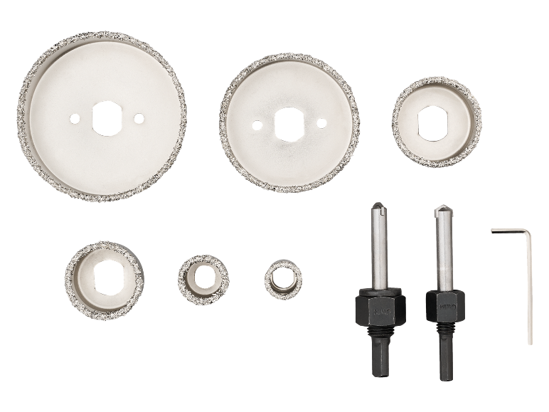 Conjunto de brocas diamantadas para azulejos, com vários tamanhos e acessórios.