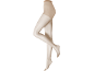Collants transparentes cor de pele num manequim, destacando a área da perna e da anca.