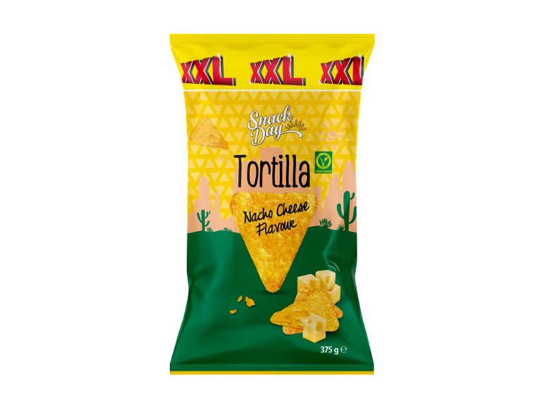 Saco de tortilhas de milho com sabor a queijo nacho, com a indicação 'XXL' e 'Vegetariano'.