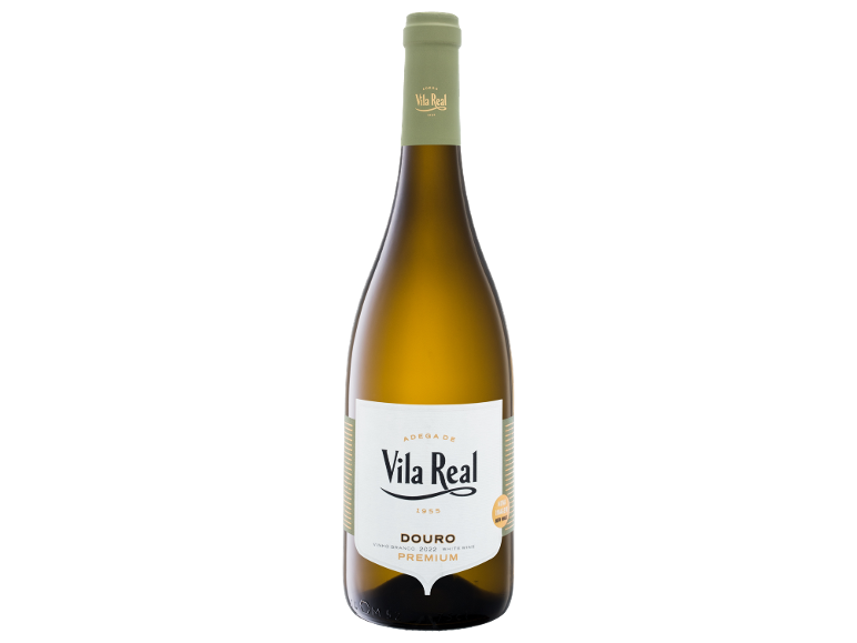 Garrafa de vinho branco com cápsula verde e rótulo branco com o nome e origem do vinho.