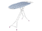 Tábua de engomar dobrável com capa de padrão geométrico azul e branco.