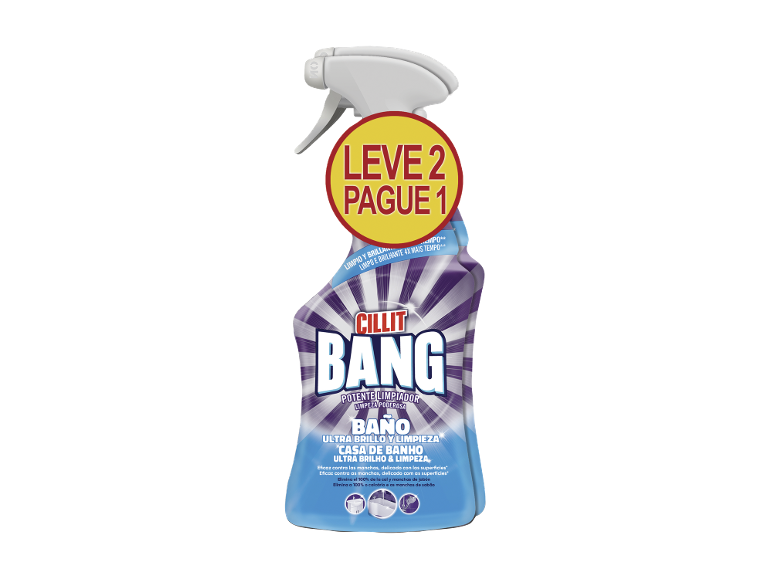 Spray de limpeza de casa de banho Cillit Bang com oferta 'Leve 2 Pague 1', para ultra brilho e limpeza poderosa.