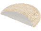 Tapete de banho semicircular bege com a parte inferior antiderrapante visível.