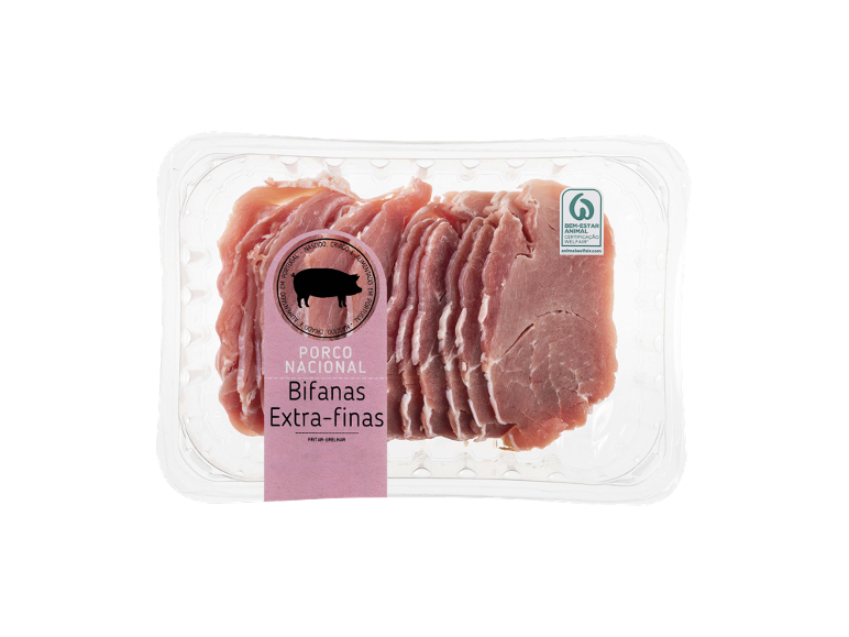 Embalagem de bifanas extra-finas de porco, com selo de bem-estar animal.