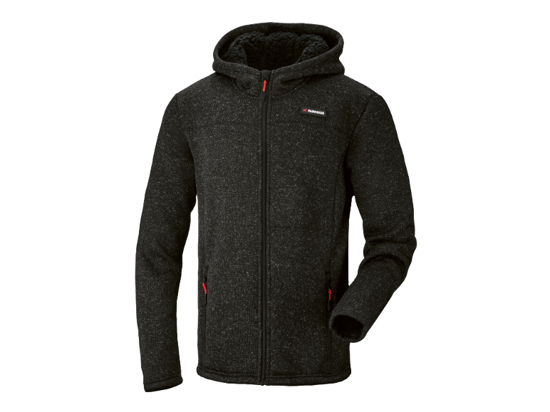 Casaco de capuz polar preto masculino com fecho e detalhes vermelhos.