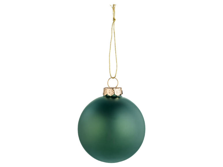 Bola de Natal verde mate com cabide dourado sobre fundo preto.