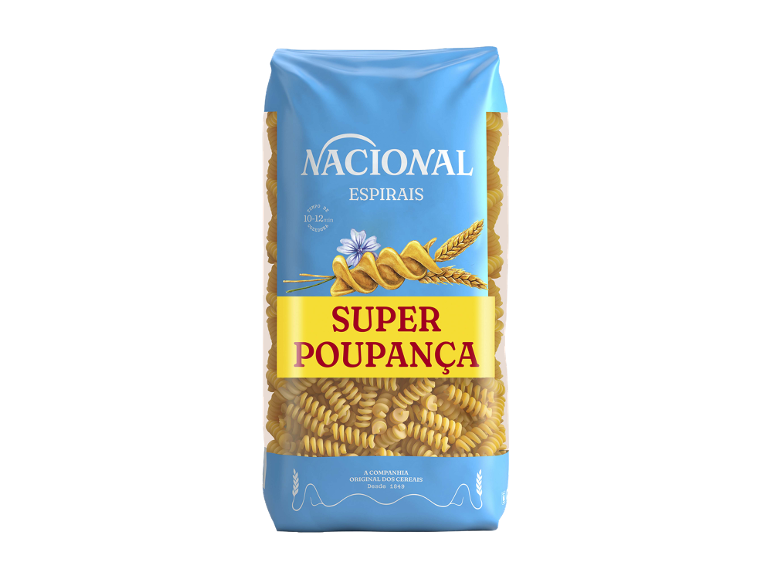 Pacote de massa espiral com a inscrição 'SUPER POUPANÇA'.