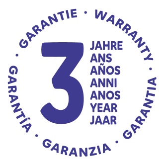 Selo de garantia de 3 anos em vários idiomas.
