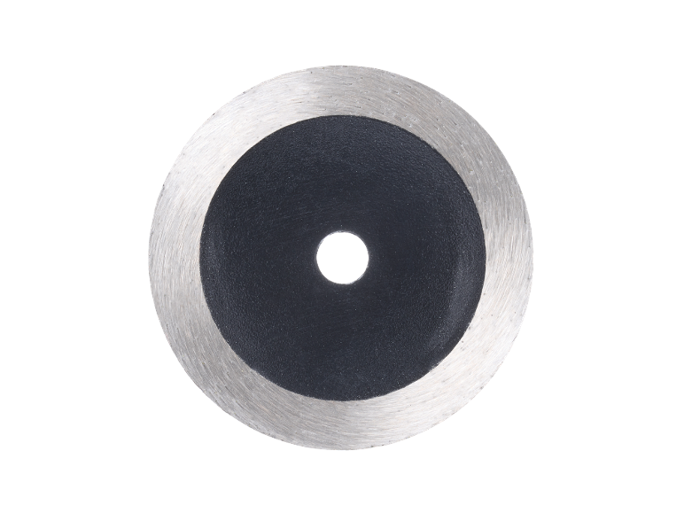 Disco de corte diamantado para azulejos, com centro preto e borda prateada.