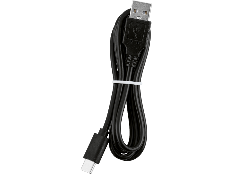 Cabo USB-A para USB-C preto com abraçadeira branca.