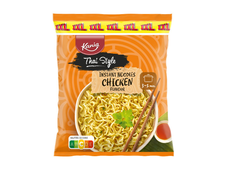 Pacote de noodles instantâneos estilo tailandês com sabor a frango, Nutri-Score C.