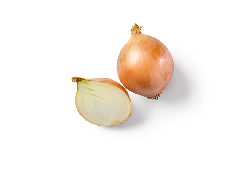 Cebola inteira e meia cebola cortada em fundo branco.