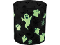 Copo de vidro com fantasmas, morcegos e teias de aranha que brilham no escuro.