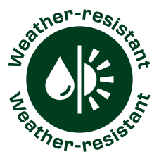 Selo 'Weather-resistant' com uma gota de água e um sol.