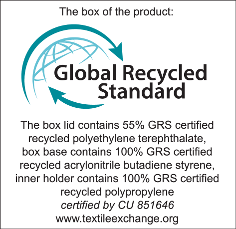 Etiqueta de produto reciclado: tampa 55% PET reciclado, base 100% ABS reciclado, suporte interno 100% PP reciclado. Certificado GRS.