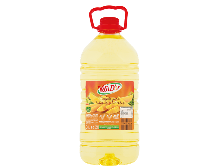 Garrafa de 3 litros de óleo vegetal Vita D'or com tampa e pega vermelhas.