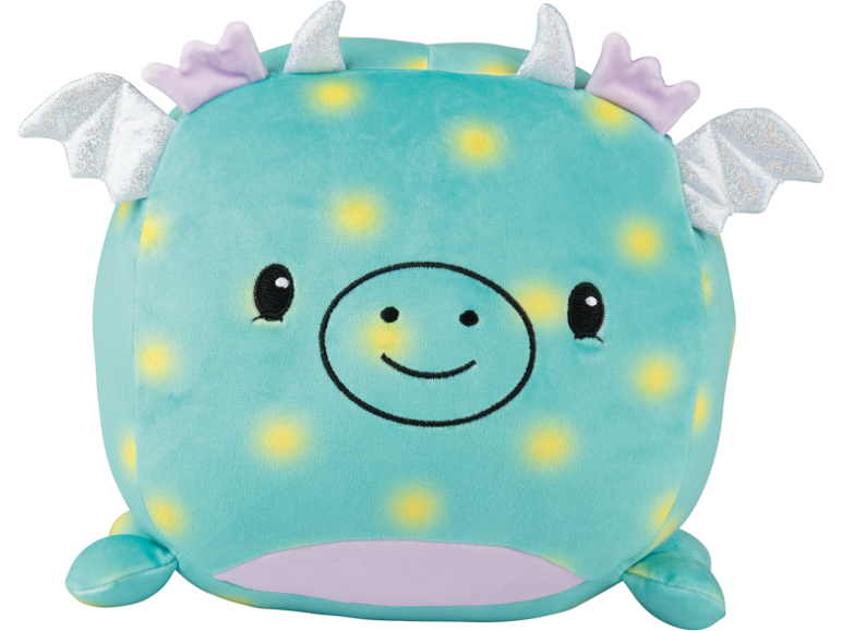 Peluche de dragão turquesa com manchas amarelas, asas brilhantes e chifres.