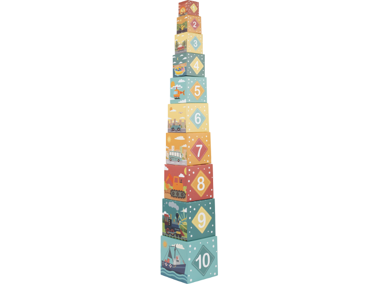 Torre de cubos de empilhar com números de 1 a 10 e ilustrações de veículos.