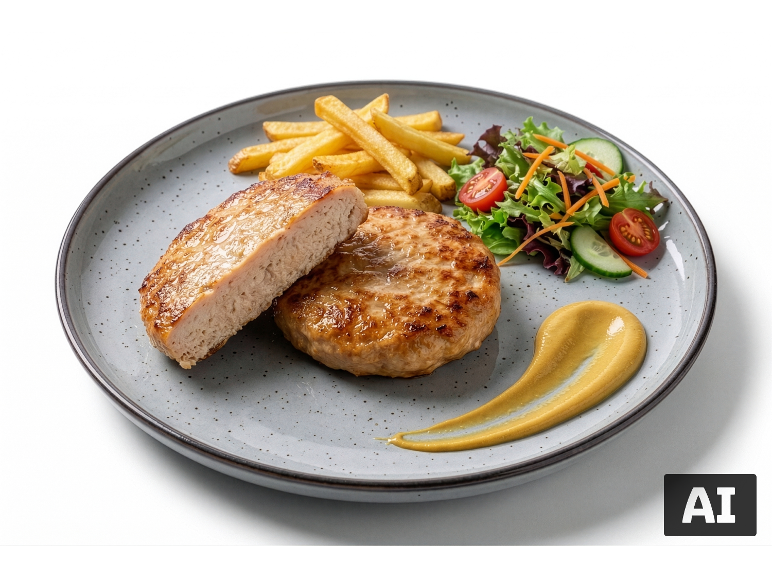 Hambúrgueres com batatas fritas, salada e mostarda num prato. [imagem gerada por IA]