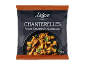Embalagem de cogumelos cantarelos congelados com o texto 'Chanterelles Whole Chanterelle Mushrooms 250 g'.