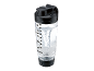 Shaker elétrico transparente com tampa preta, água a girar e medidas de volume.