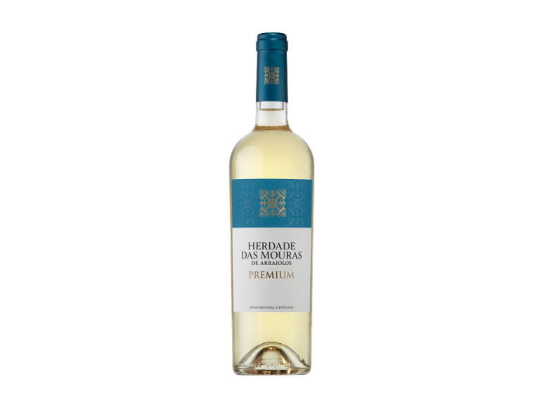 Vinho branco em garrafa com rótulo turquesa e detalhes dourados.