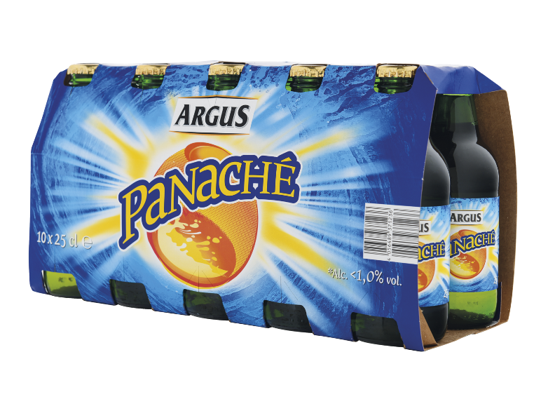 Embalagem de dez garrafas de panaché de frutas, 10 x 25 cl, com <1,0% de álcool.