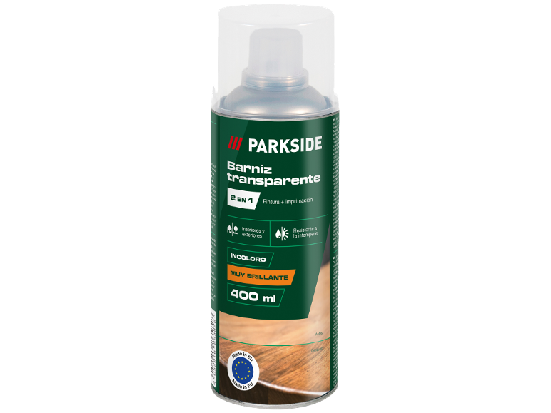 Verniz transparente em spray 2 em 1 para interior e exterior, 400 ml.