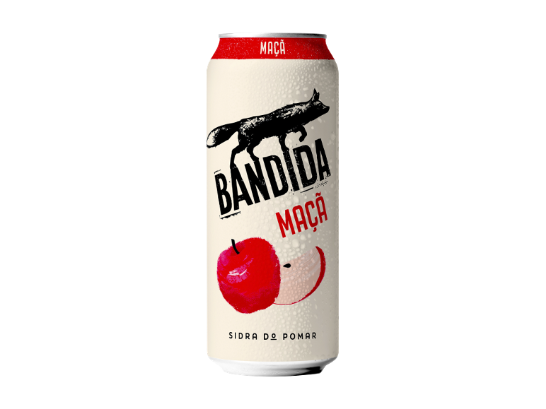 Lata de sidra de maçã com ilustração de raposa e maçãs, com a inscrição 