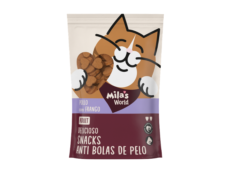 Embalagem de snacks para gatos adultos de frango, em forma de coração, com um gato sorridente.