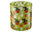 Suporte de vela de vidro com tema de Halloween: abóboras com chapéus, fantasmas e teias de aranha em fundo verde.