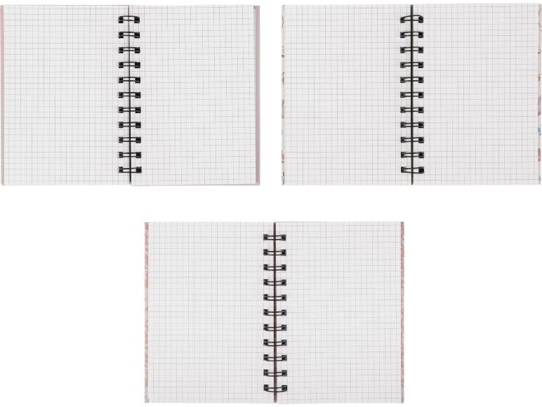 Três cadernos de argolas abertos com páginas de papel quadriculado em branco.
