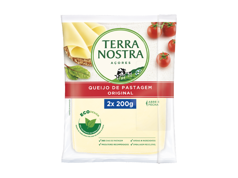 Embalagem de queijo com a inscrição 'Queijo de Pastagem Original', '2x 200g' e 'Abre e Fecha'.