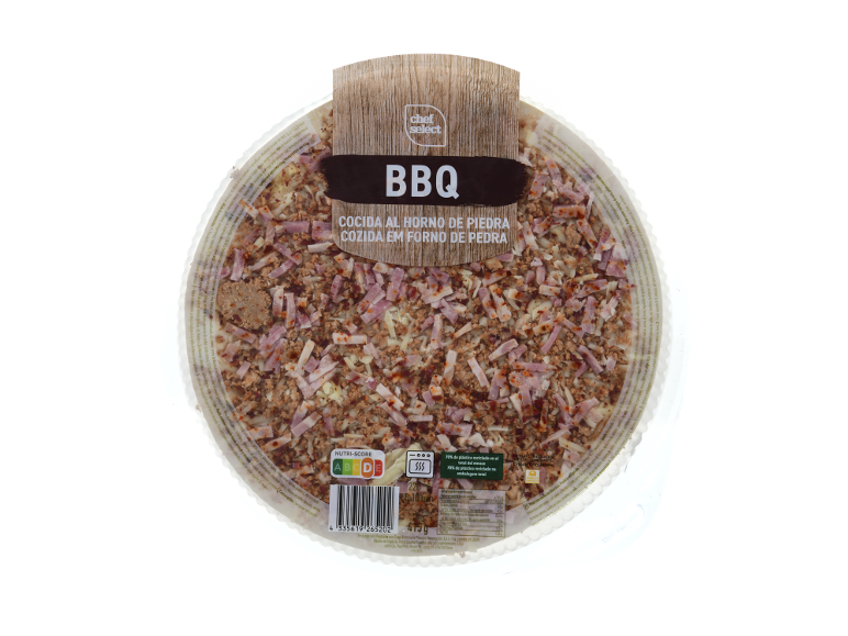 Pizza BBQ cozida em forno de pedra com Nutri-Score A e embalagem reciclada.